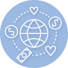 Icon of globe surrounded by money and hearts