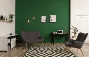 decorated living room with a green accent wall