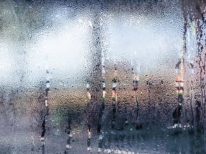 a humid area with beads of water collecting on a window